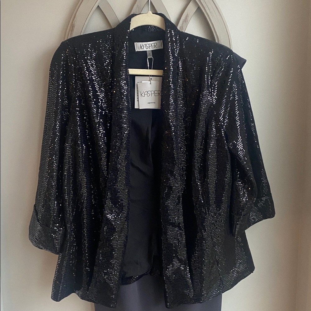 Kasper petite Black Sequin open front  3/4 sleeve Blazer 12P NWT